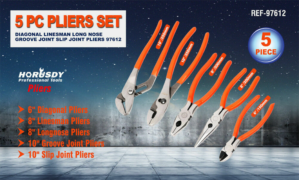 5Pc Pliers Set Diagonal Linesman Long Nose Groove Joint Slip