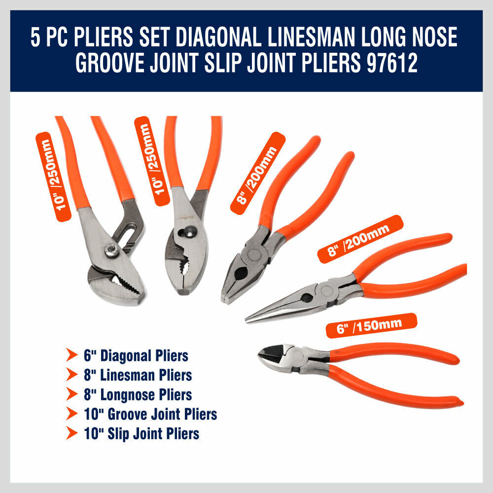 5Pc Pliers Set Diagonal Linesman Long Nose Groove Joint Slip