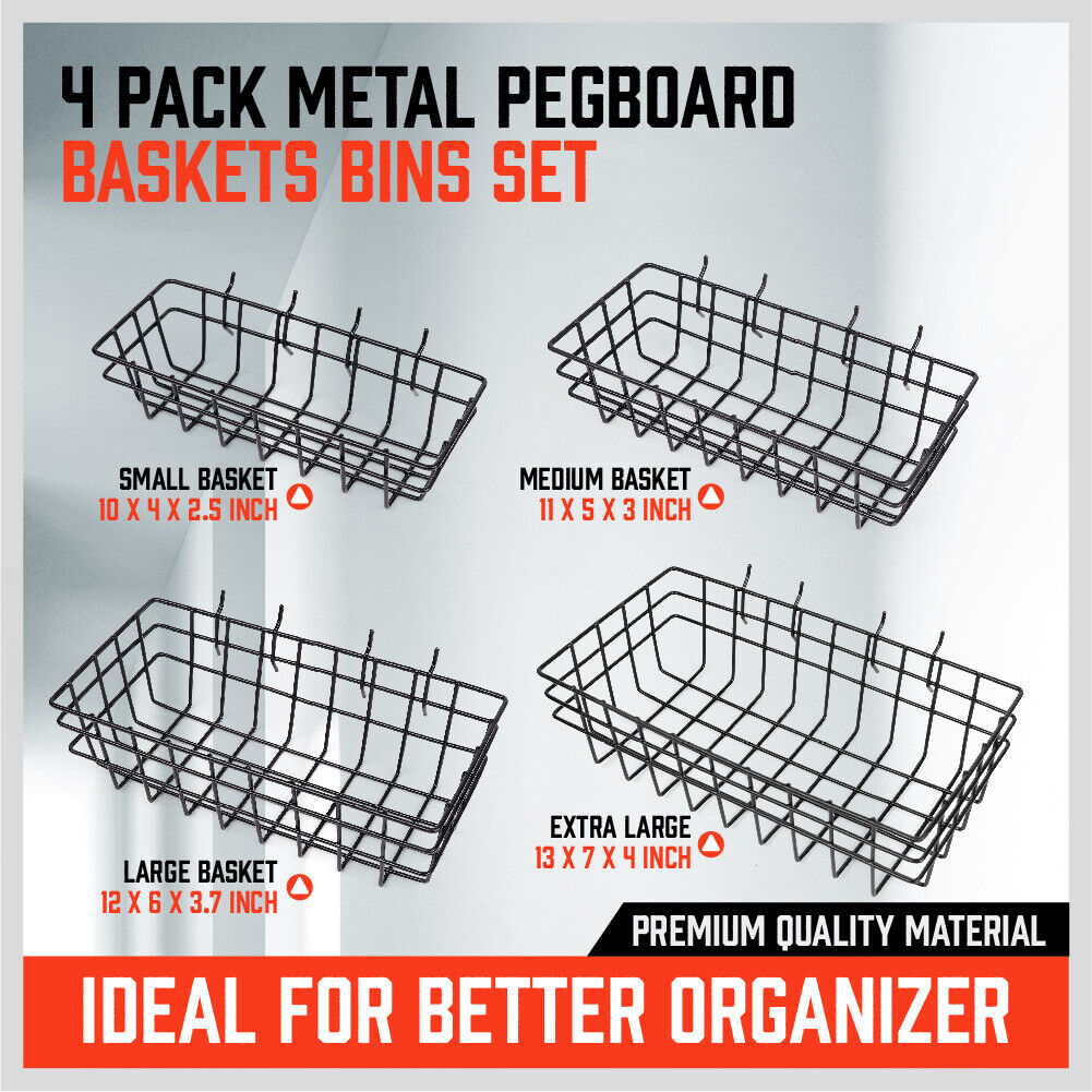 4Pc Pegboard Baskets Set Storage Bins Board Organizer Size Display Hangers