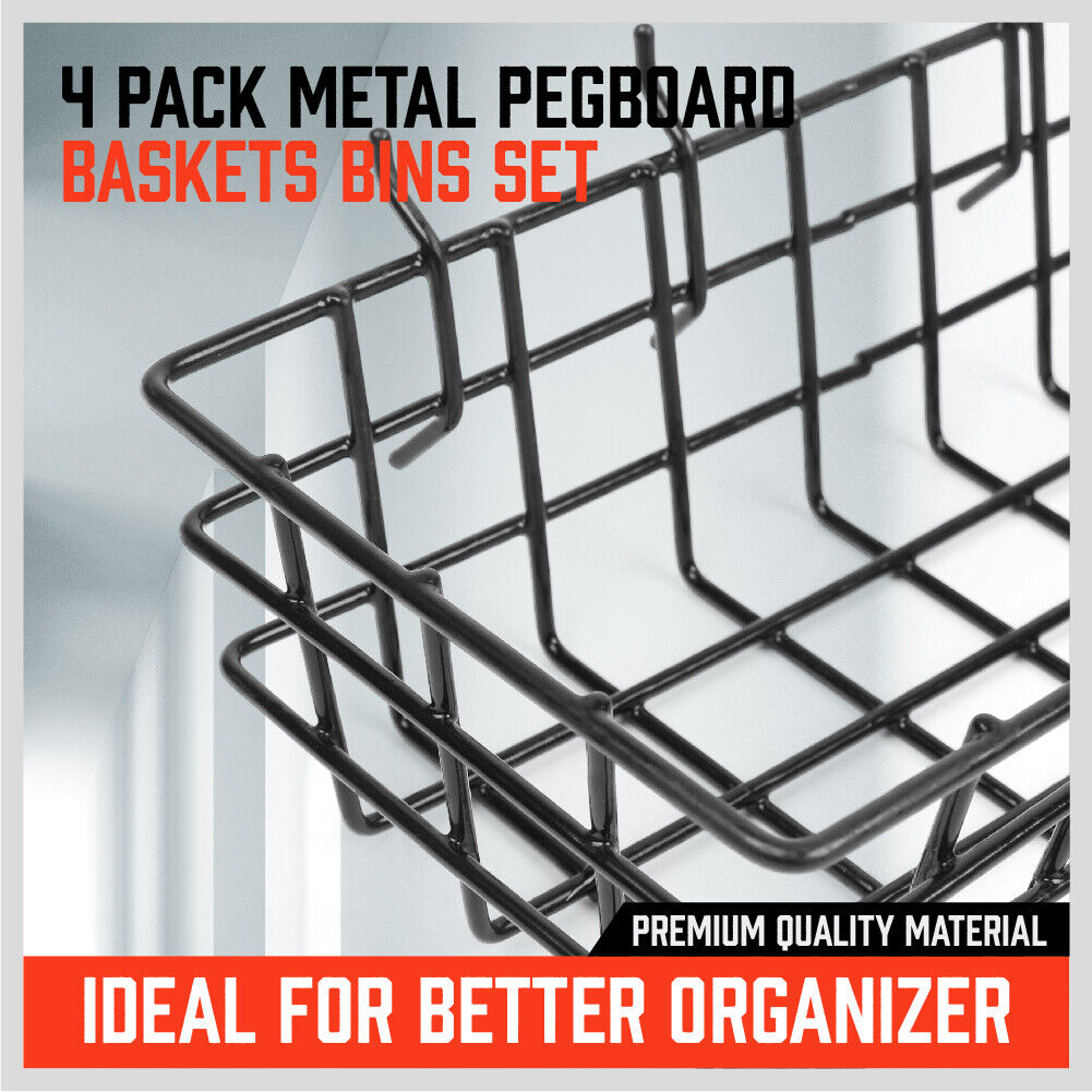 4Pc Pegboard Baskets Set Storage Bins Board Organizer Size Display Hangers