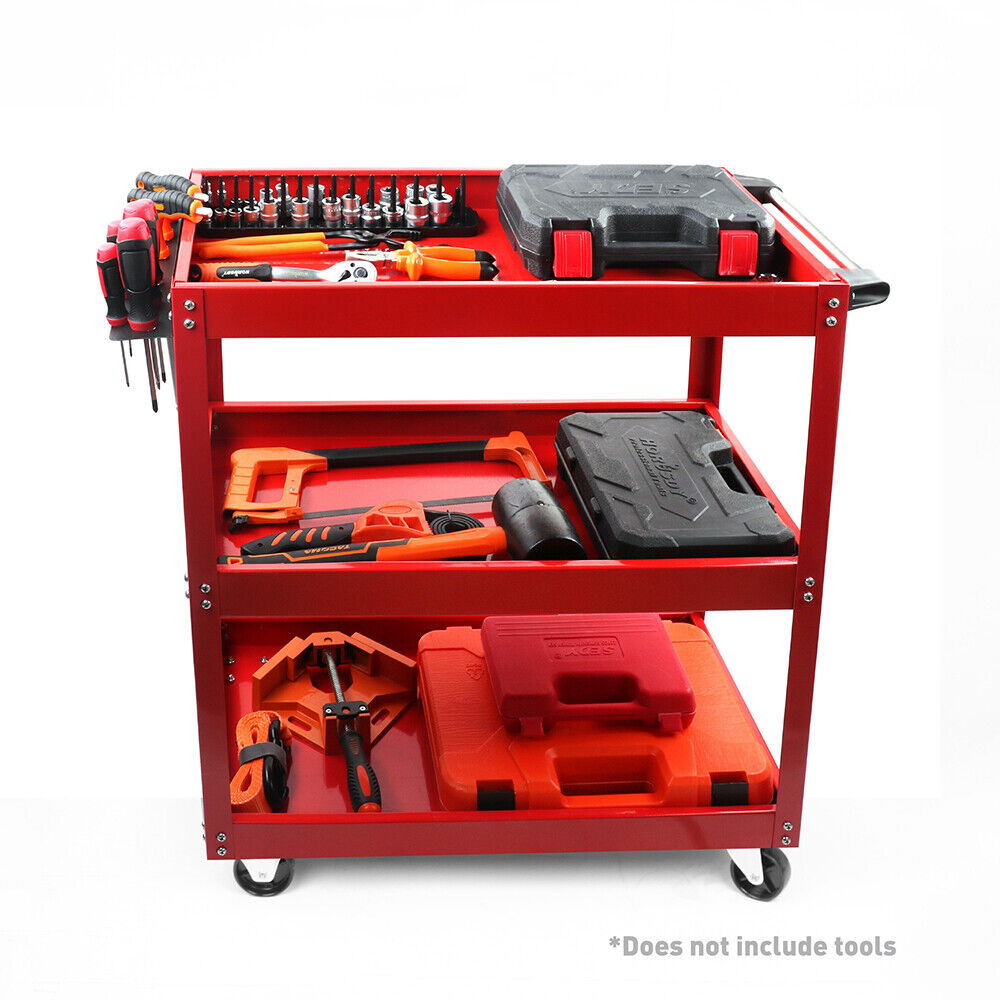 Tool Trolley 3-Tier Workshop Cart Rolling Steel Parts Storage Handyman 150Kg Red