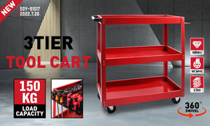 Tool Trolley 3-Tier Workshop Cart Rolling Steel Parts Storage Handyman 150Kg Red