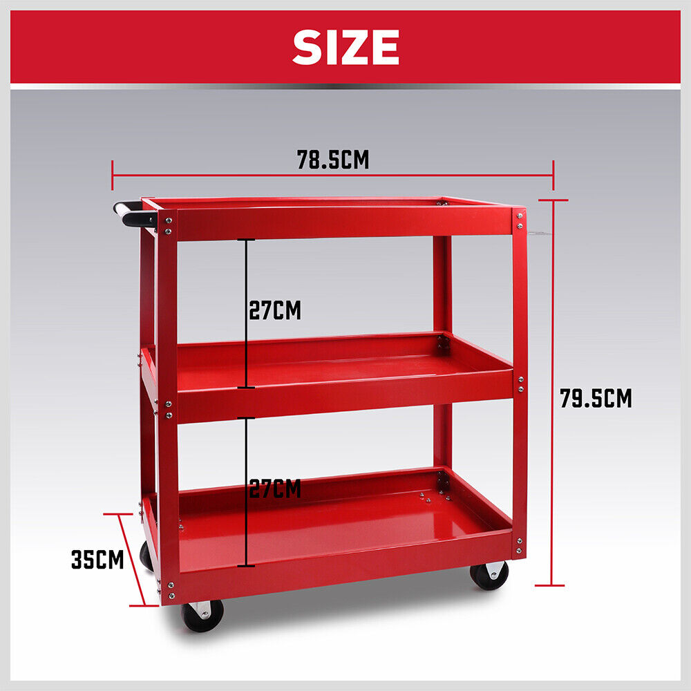 Tool Trolley 3-Tier Workshop Cart Rolling Steel Parts Storage Handyman 150Kg Red