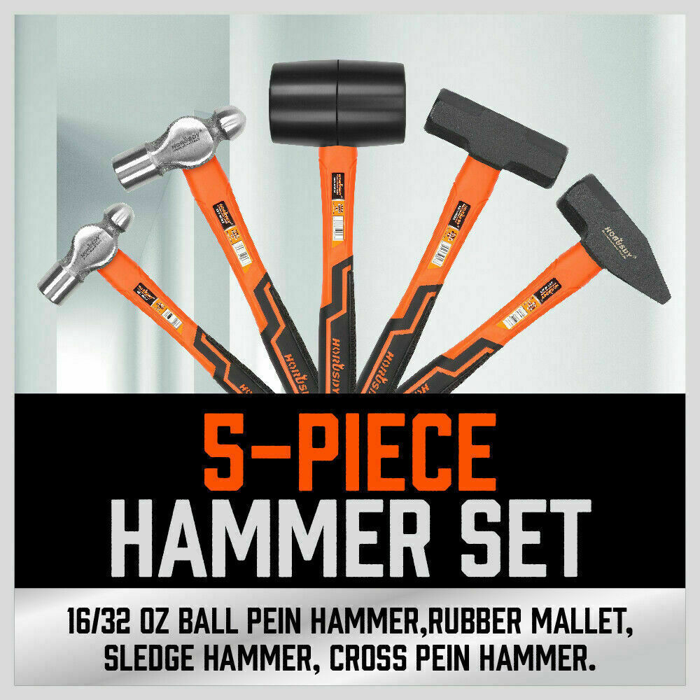 5Pc Hammer Set Rubber / Ball Pein Sledge Cross Mallet Tpr Grip Handle