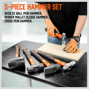 5Pc Hammer Set Rubber / Ball Pein Sledge Cross Mallet Tpr Grip Handle