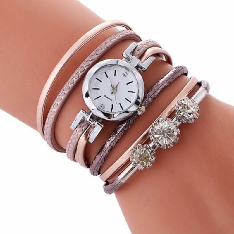 V5 Women Fashion Luxury Rhinestone Leather Bracelet Quartz Watch Multi C