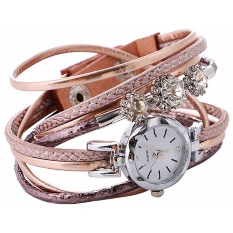 V5 Women Fashion Luxury Rhinestone Leather Bracelet Quartz Watch Multi C