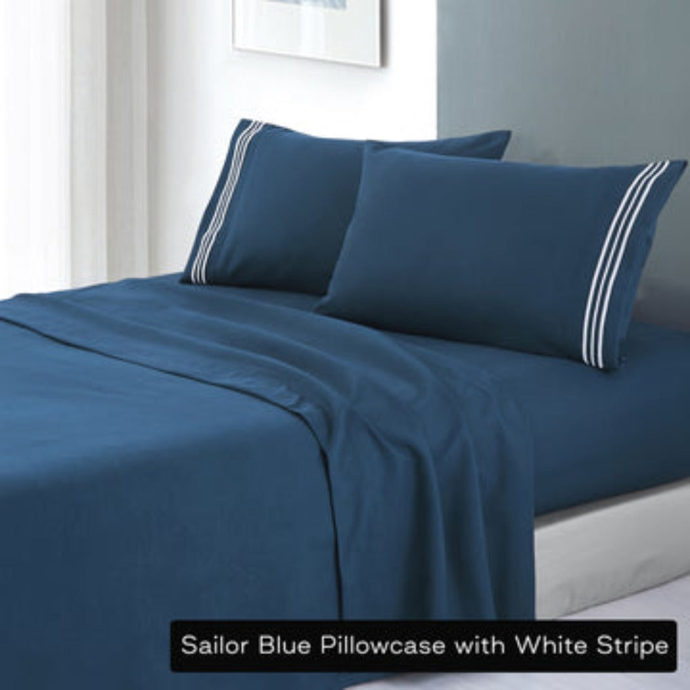 Soft Microfibre Embroidered Stripe Sheet Set Double Sailor Blue Pillowcase White