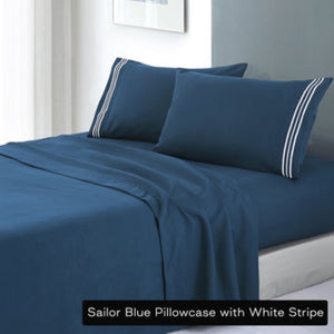 Soft Microfibre Embroidered Stripe Sheet Set Double Sailor Blue Pillowcase White