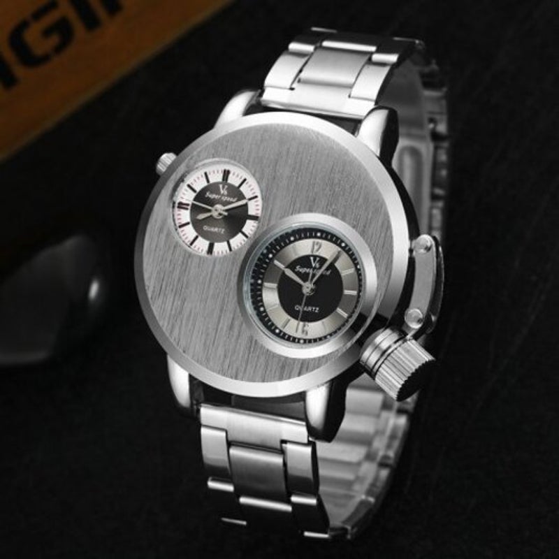 V6 Luxury Analog Men's Military Sports Stainless Steel Quartz Wrist Watch Silver