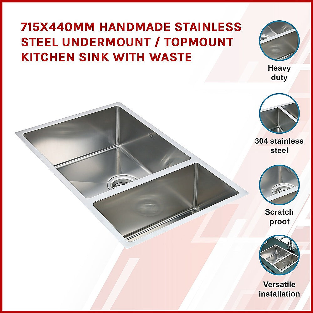 715X440mm Handmade Stainless Steel Undermount / Topmount Kitchen Sink With Waste