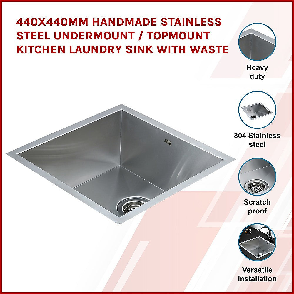 440X440mm Handmade Stainless Steel Undermount / Topmount Kitchen Laundry Sink With Waste