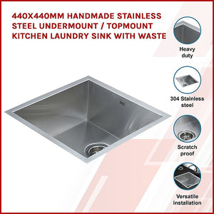 440X440mm Handmade Stainless Steel Undermount / Topmount Kitchen Laundry Sink With Waste