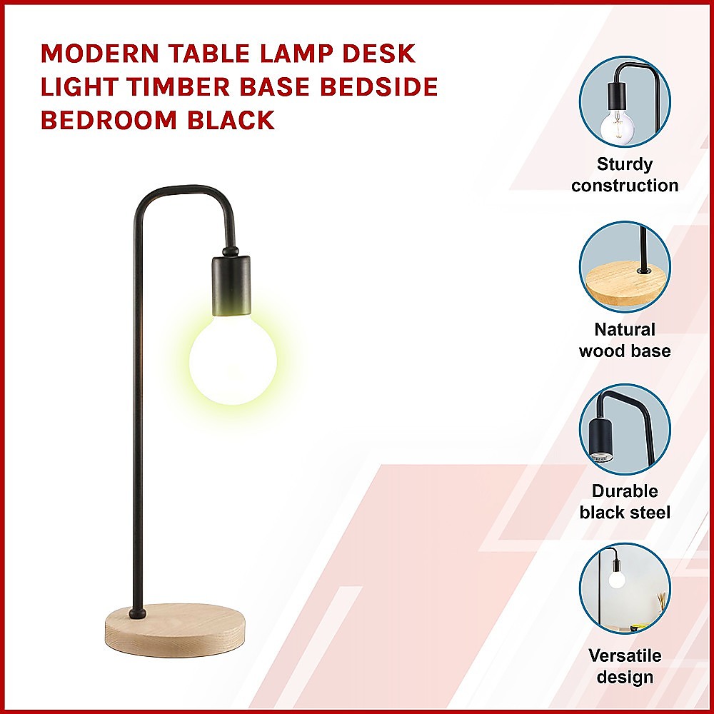 Modern Table Lamp Desk Light Timber Base Bedside Bedroom Black