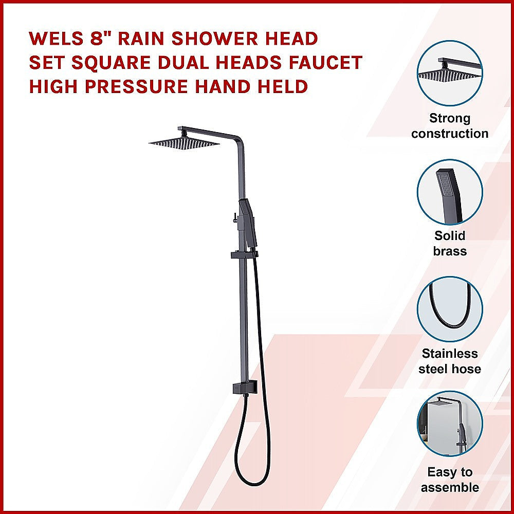 Wels 8" Rain Shower Head Set Square Dual Heads Faucet High Pressure Hand Held