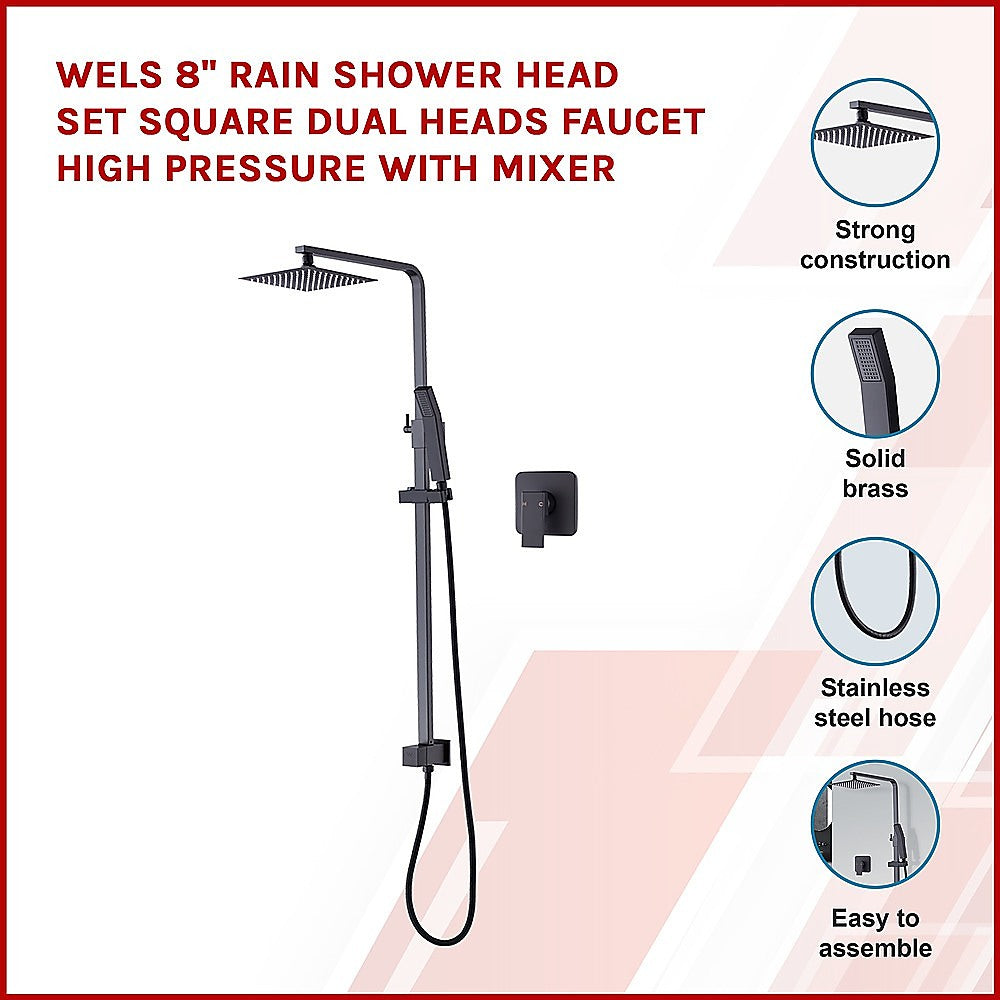 Wels 8" Rain Shower Head Set Square Dual Heads Faucet High Pressure With Mixer