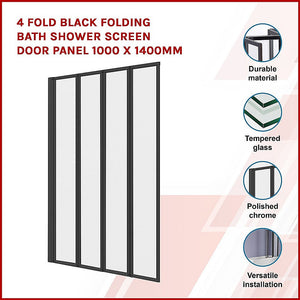 4 Fold Black Folding Bath Shower Screen Door Panel 1000 X 1400Mm