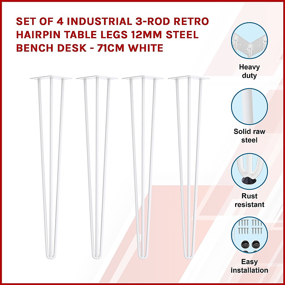 Set Of 4 Industrial 3-Rod Retro Hairpin Table Legs 12Mm Steel Bench Desk 71Cm White