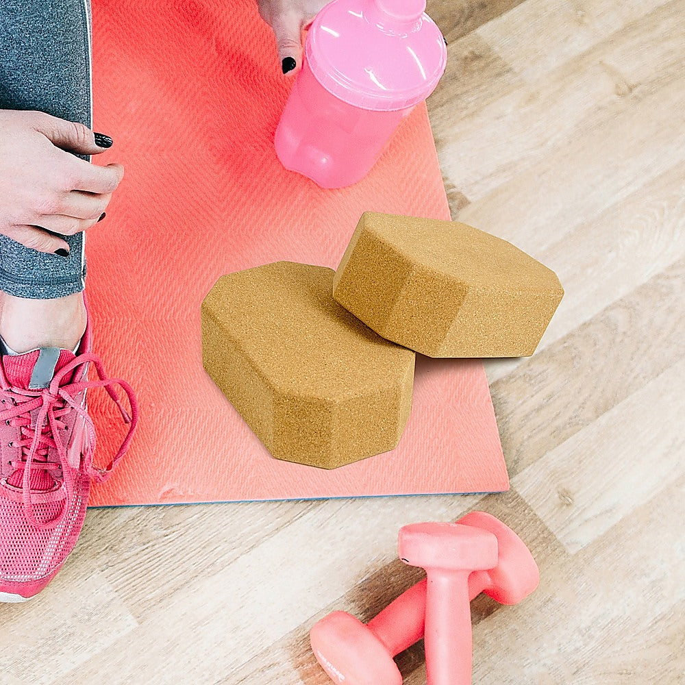 Natural Cork Octagon Yoga Blocks Brick Exercise 2 Pcs Set Eco Non-Slip