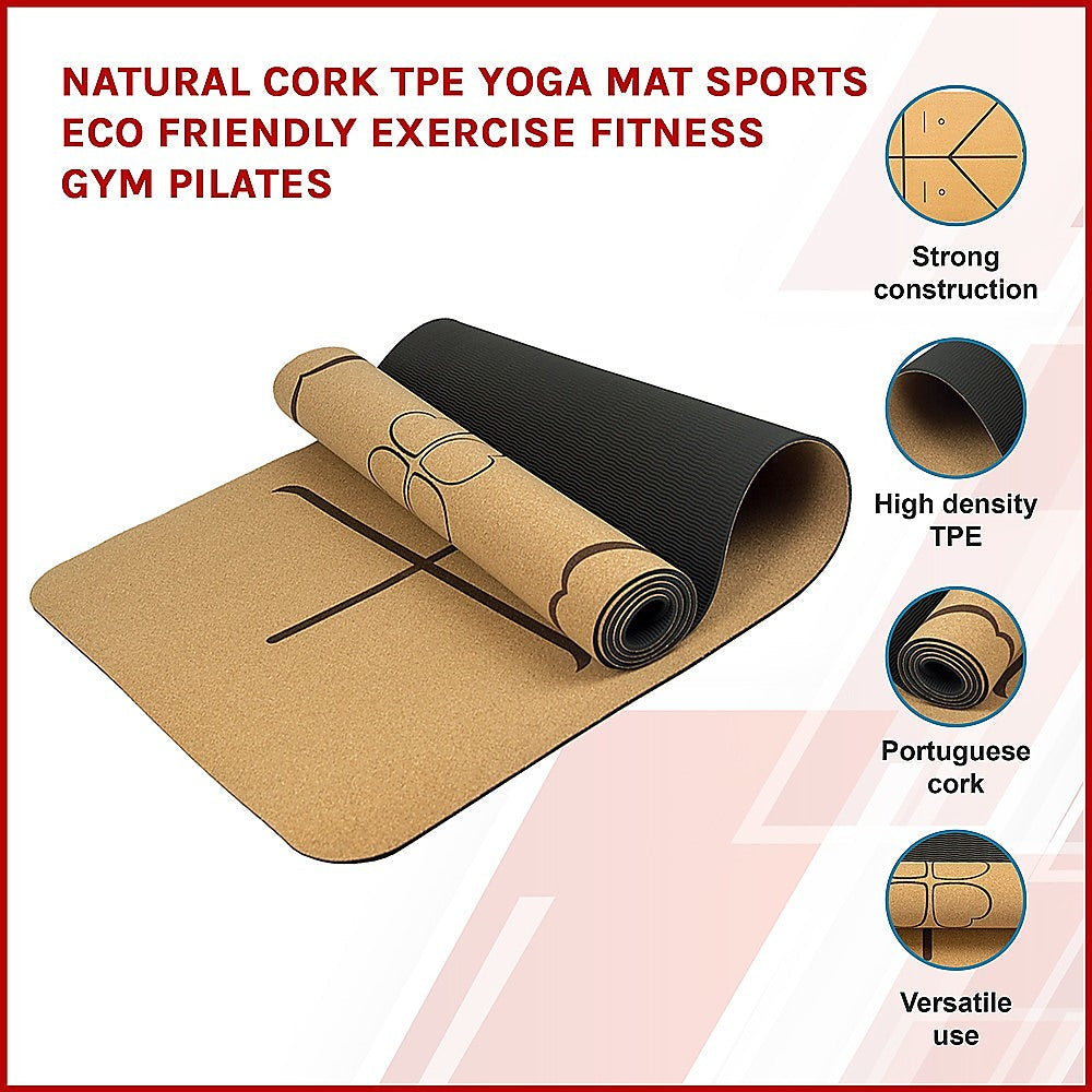 Natural Cork Tpe Yoga Mat Sports Eco Friendly Exercise Fitness Gym Pilates