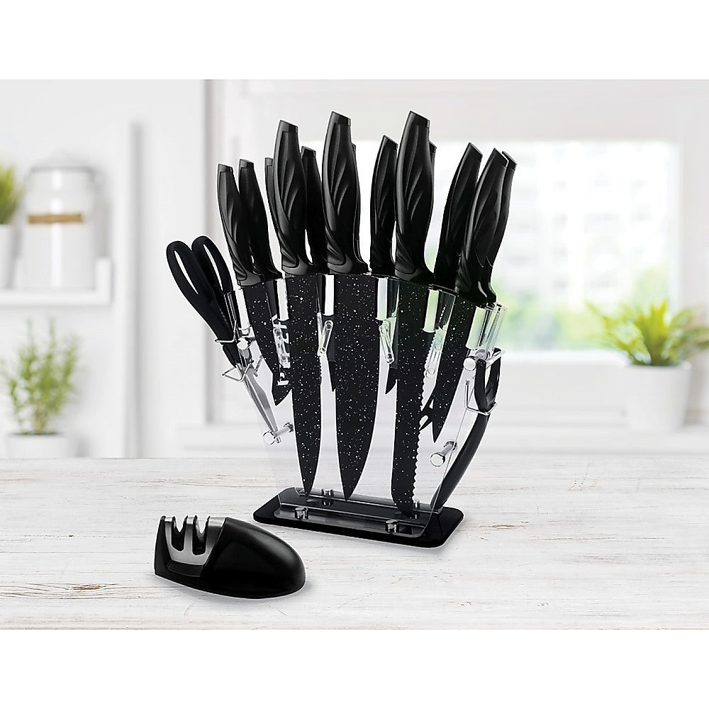 Kitchen 17 Pc Knife Set W/ Block & Sharpener Chef Bread Steak Knives