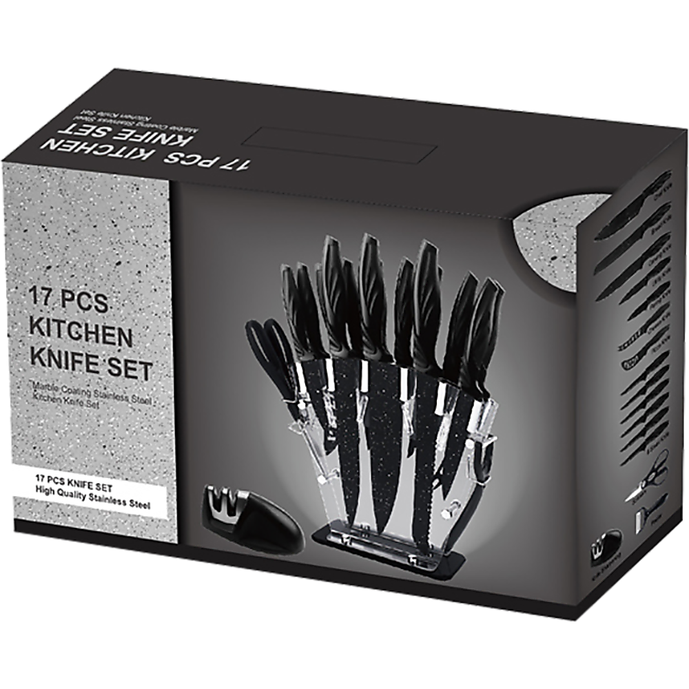 Kitchen 17 Pc Knife Set W/ Block & Sharpener Chef Bread Steak Knives