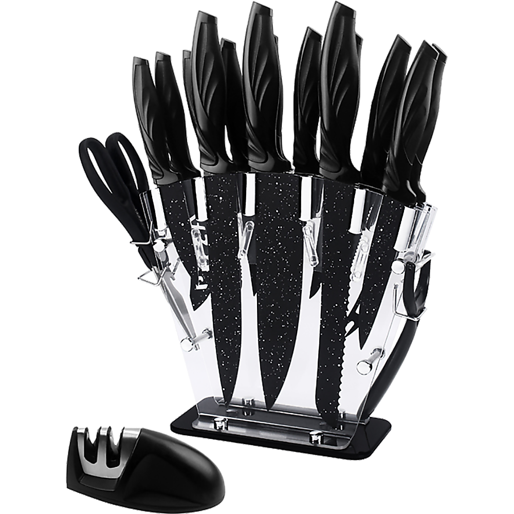 Kitchen 17 Pc Knife Set W/ Block & Sharpener Chef Bread Steak Knives