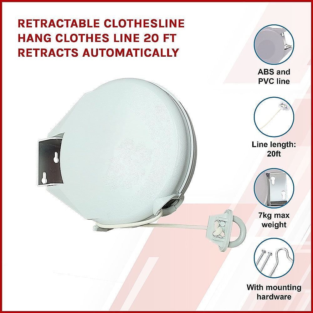 Randy & Travis Machinery Retractable Clothesline Hang Line 20 Ft Retracts Automatically