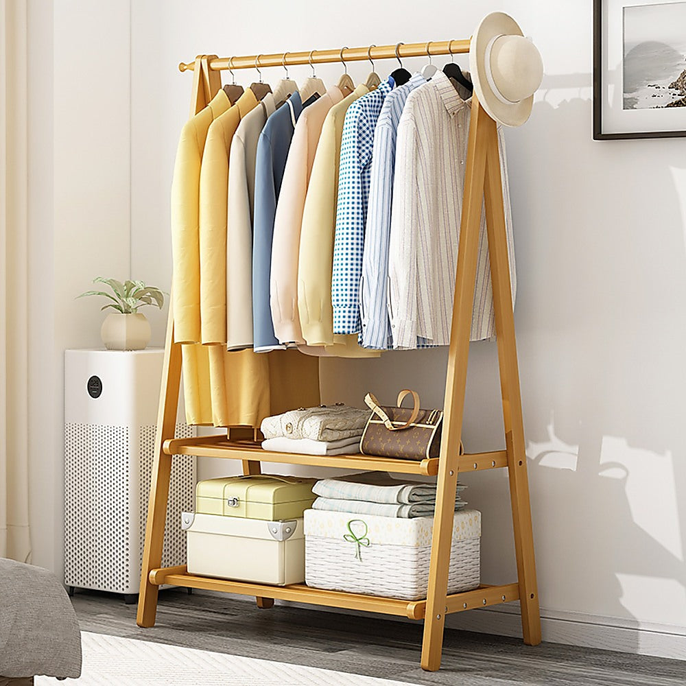 Portable Clothes Rack Coat Garment Stand Bamboo Rail Hanger Airer Closet