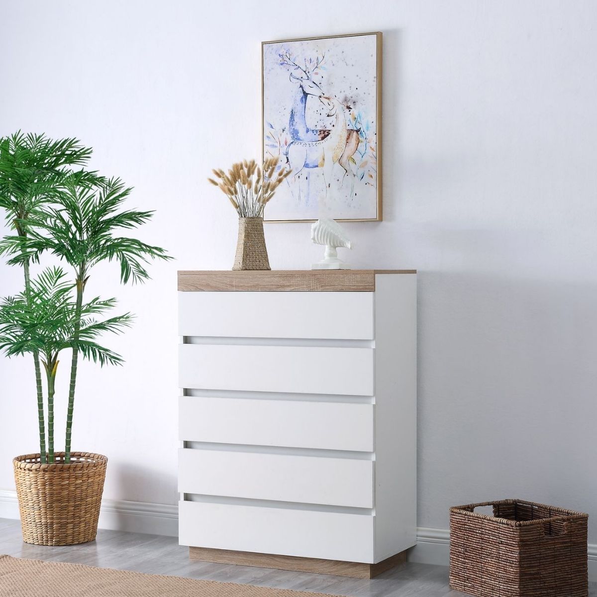 Ashley Coastal White Wooden Chest Of 5 Drawers Tallboy