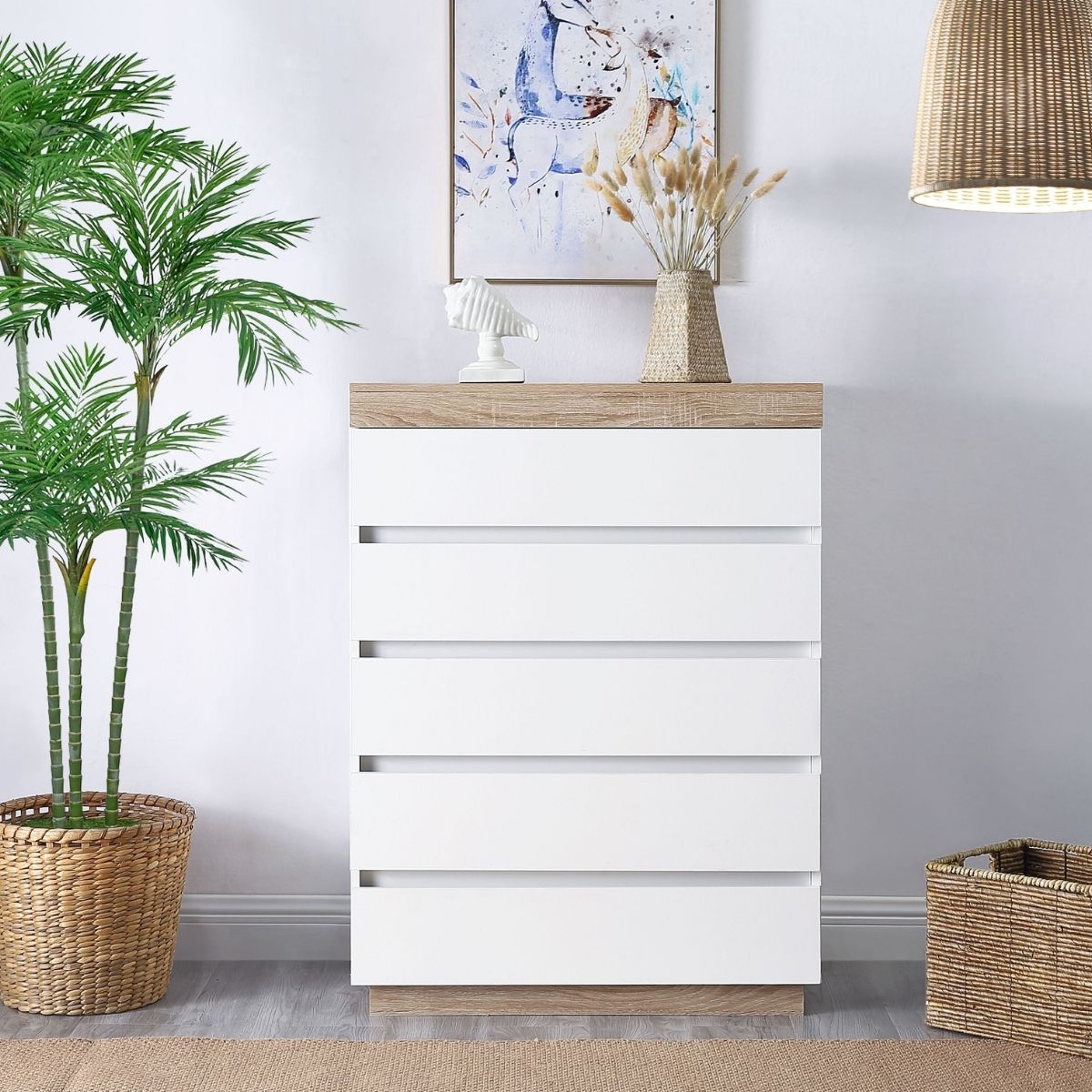 Ashley Coastal White Wooden Chest Of 5 Drawers Tallboy