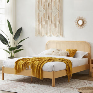 Lulu Bed Frame With Curved Rattan Bedhead King Versatile Design Organic Faux