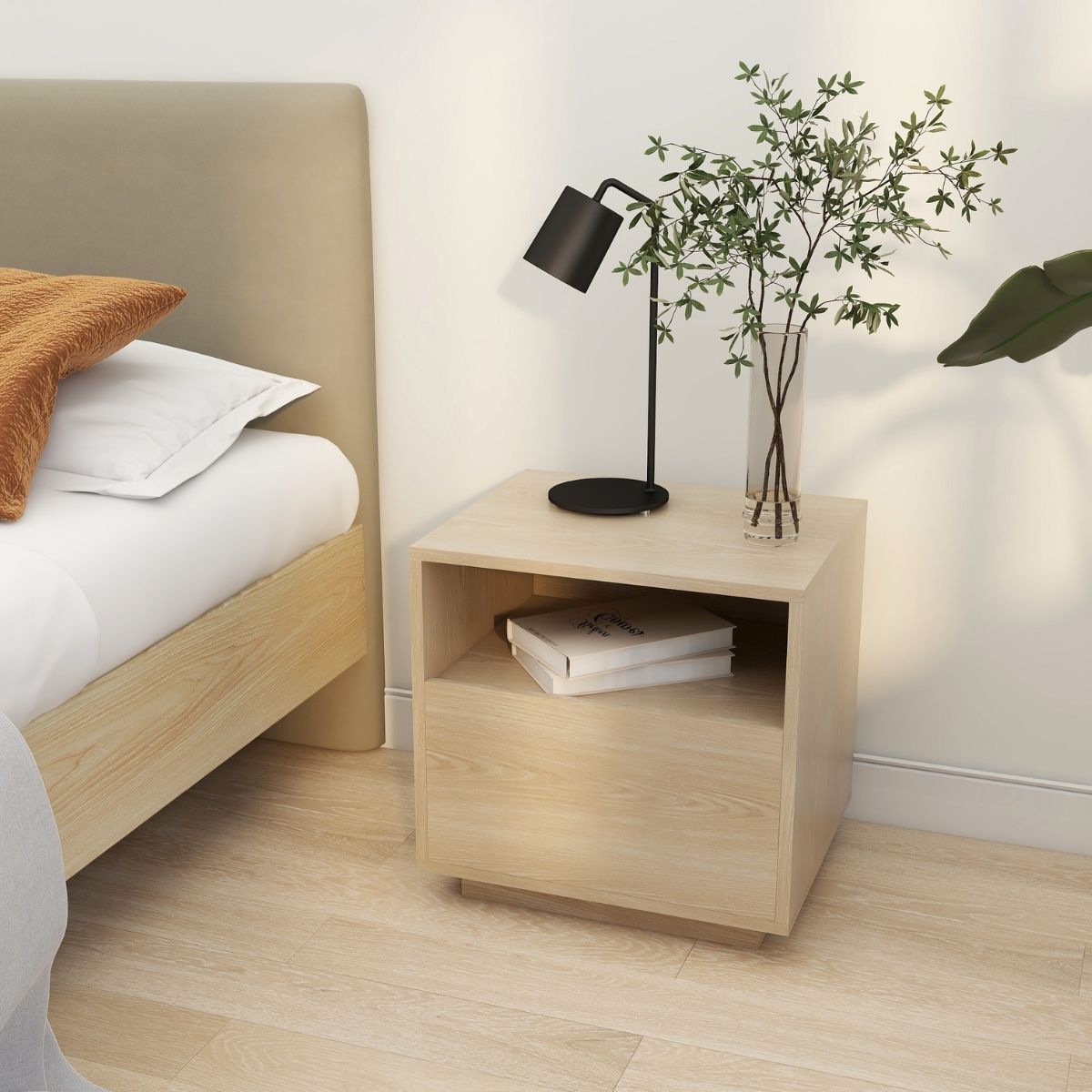 Nola Japandi Style Bedside Table In Oak