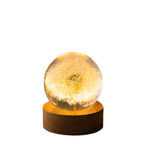 Luminous 3D Dandelion Crystal Ball Beech Wood Stand Base Preserved Flower Sphere Desktop Ornaments Bithday Christmas Gif