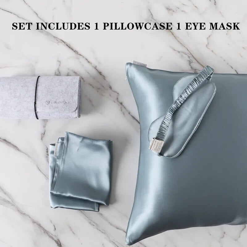 Pillowcase Set With Eye Mask Blue Gray 51X66cm Natural Mulberry Silk