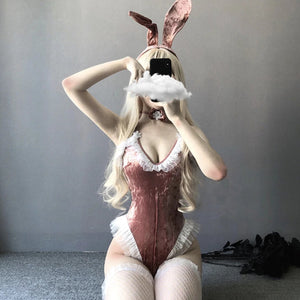 Velour Ruffled Bunny Cosplay Women Lingerie Bodysuit Clothing