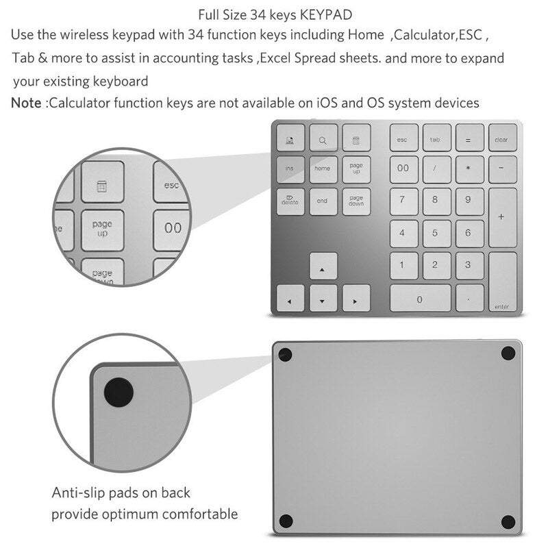 Bluetooth 3.0 Wireless Numeric Aluminium Built In Rechargeable Battery Keypad For Windows / Ios Android