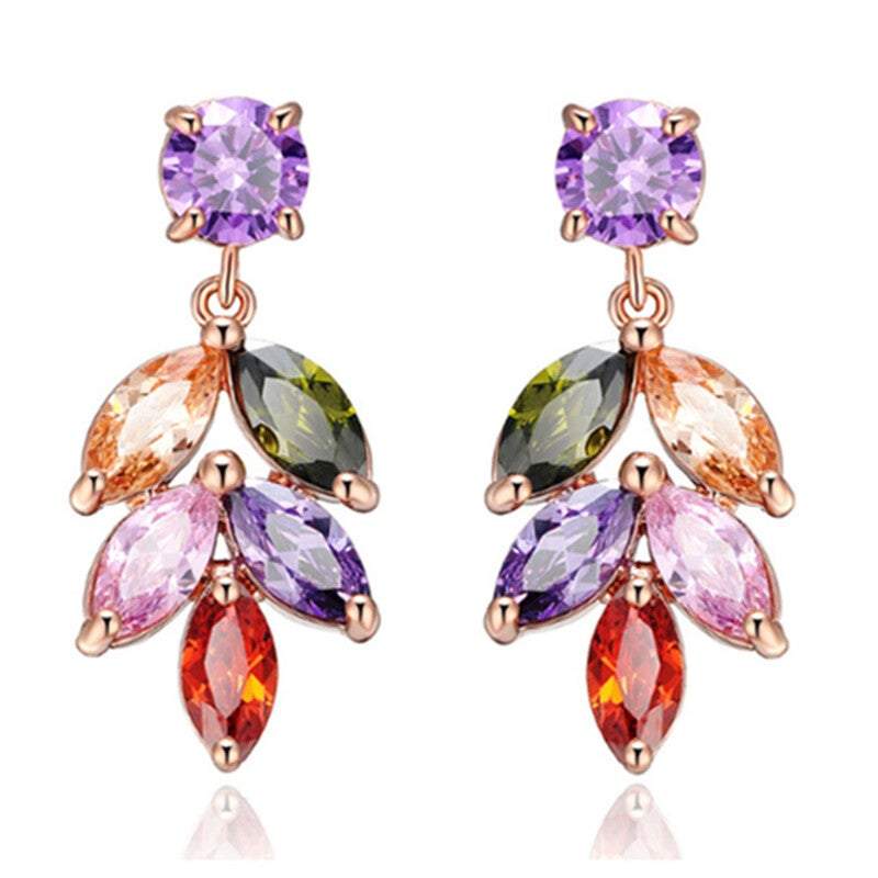 Earrings Women Gold Plated Colourful Leaf Shape Cubic Zirconia Leave