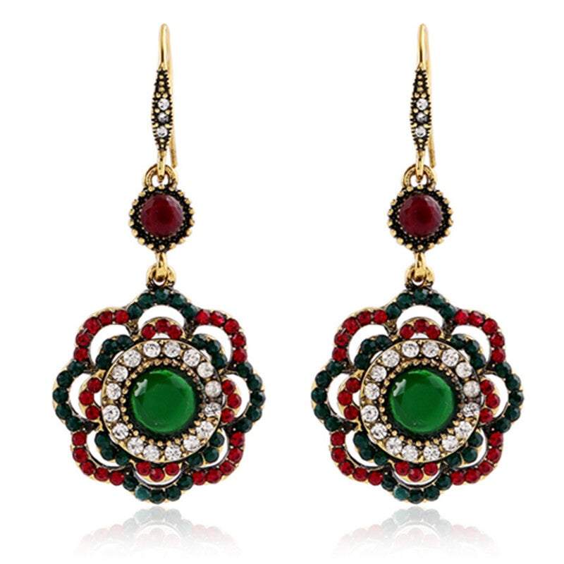 Rings Women Retro Pop Earrings Bohemian Ethnic Flower Pendant Alloy Vintage Drop Hook