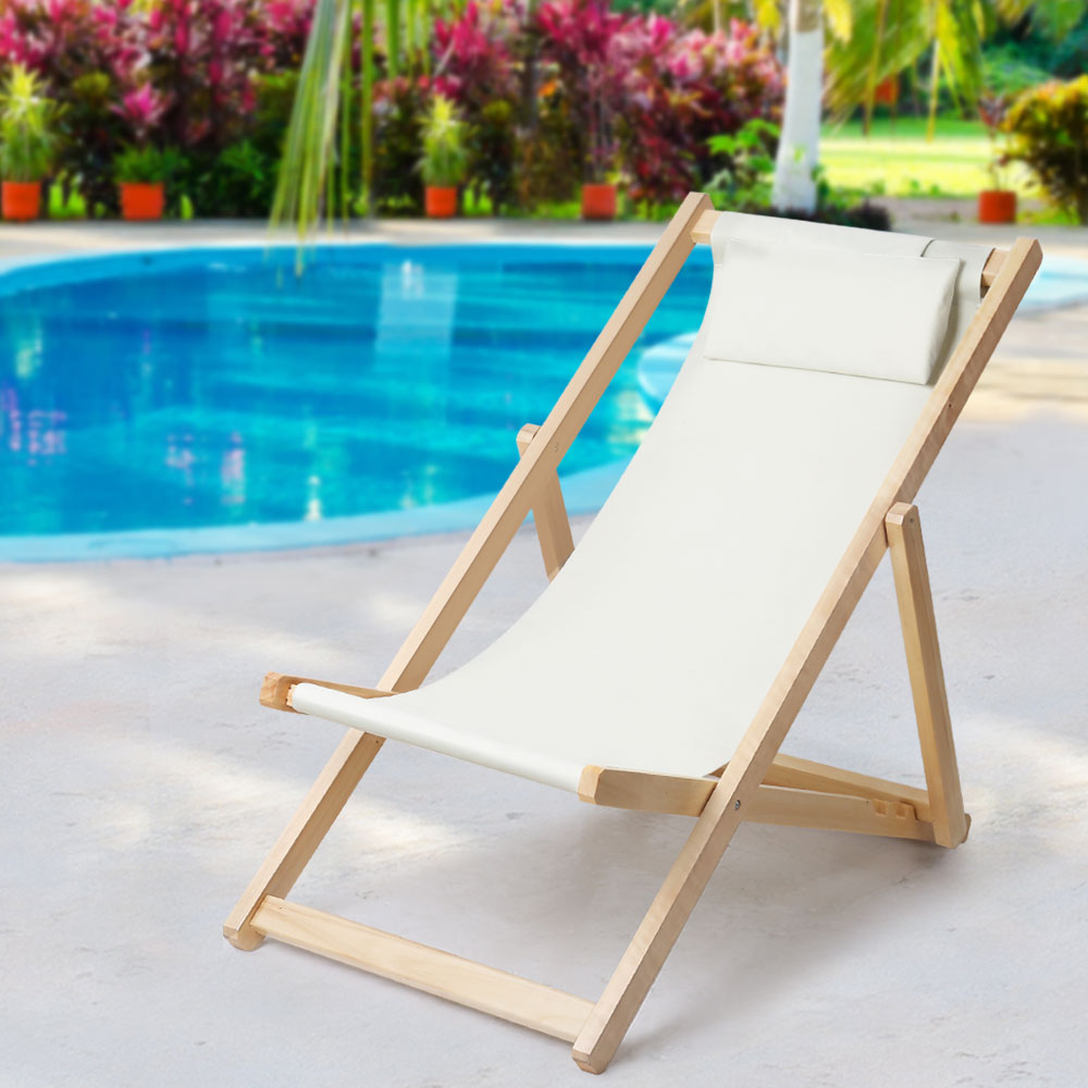 Gardeon Outdoor Chairs Sun Lounge Deck Beach Folding Wooden Patio Furniture Beige