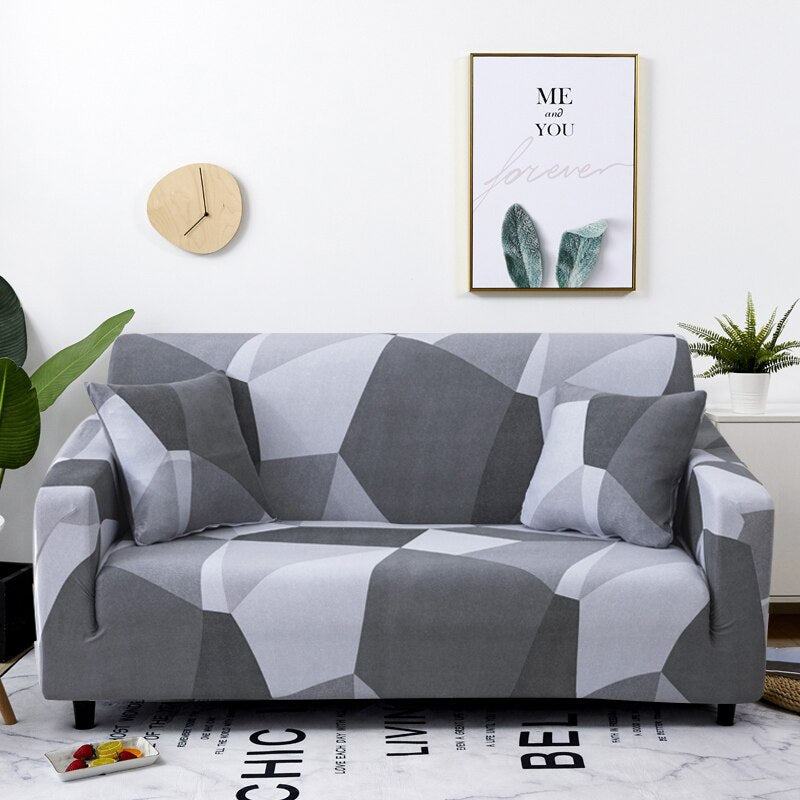 3 Seater Sofa Cover White Gray Geometric Style Elastic Stretchable Slipcover