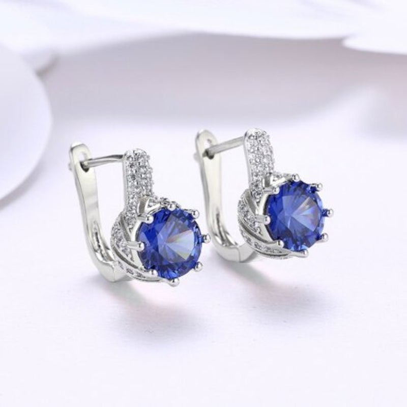 Veile Studios Vintage Round Circle Cubic Zirconia Geometric Blue Silver Big Hoop Women Earrings Jewelry